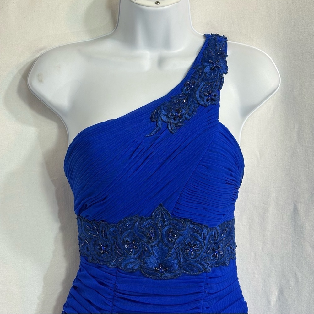 Sue Wong Blue One Shoulder Beaded Cocktail Dress Size 2 Ruched Bodycon - Picture 4 of 12